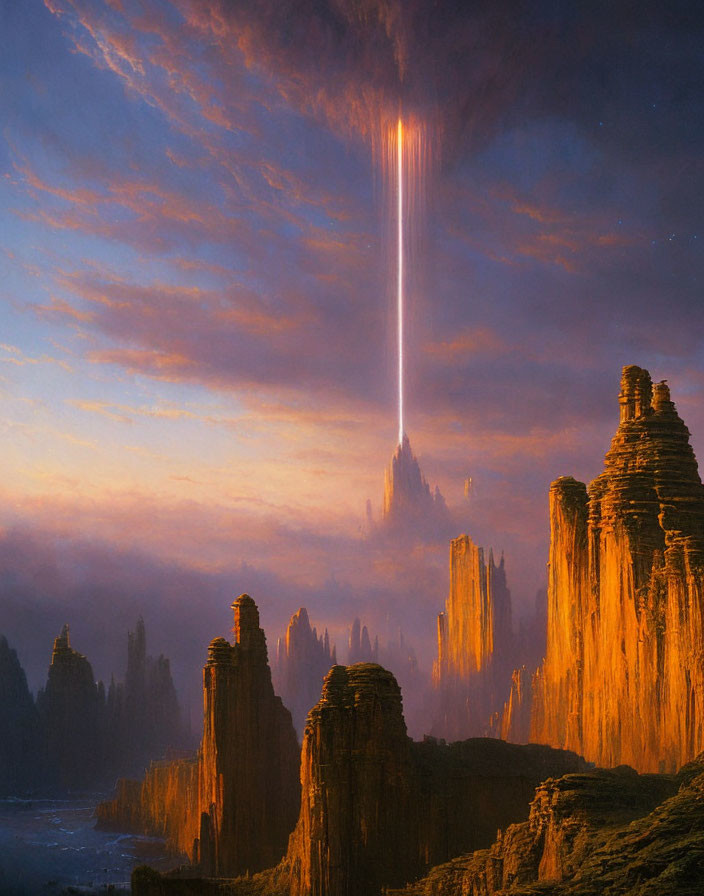 Fantasy landscape with towering rock formations and orange sky