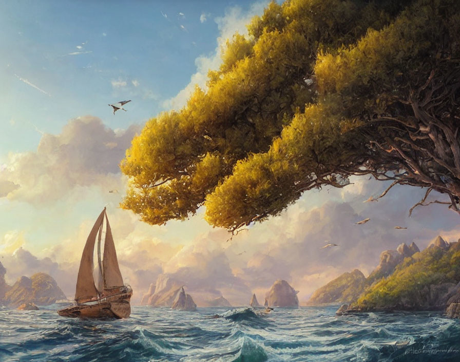 Sailboat sailing near lush tree, cliffs, serene sky