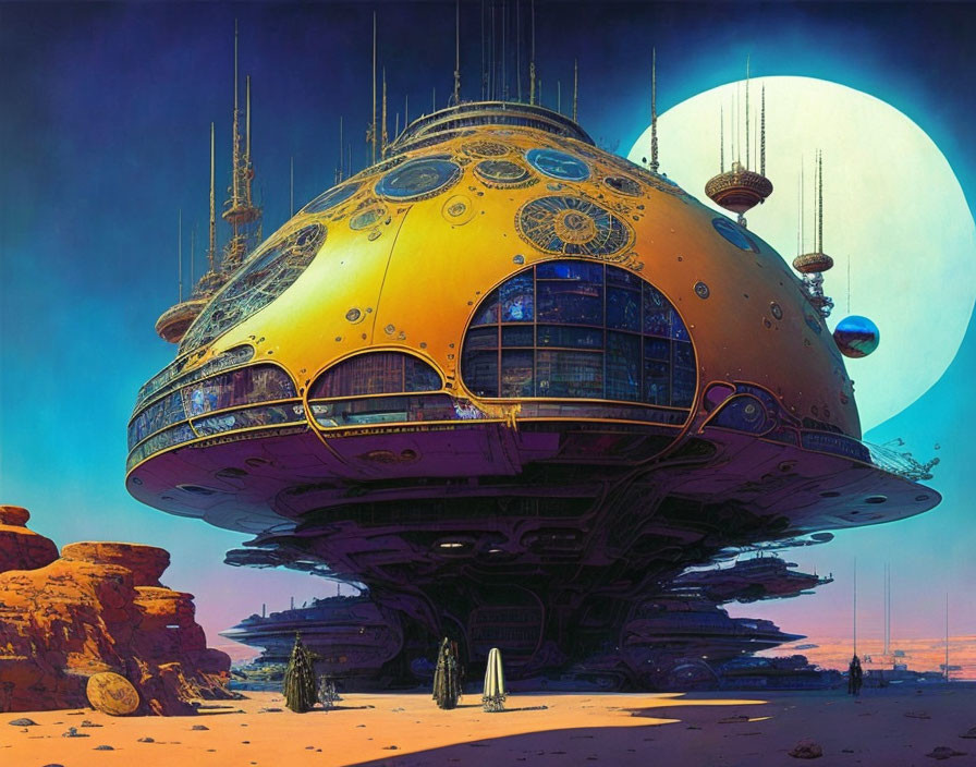 Yellow dome-shaped structure in desert with moons