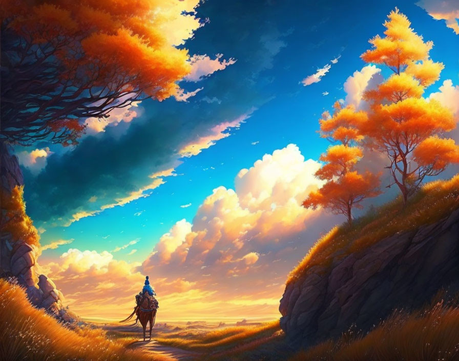 Traveler on Horseback in Vibrant Landscape at Sunset or Sunrise