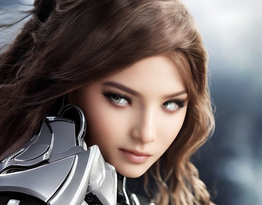 Brown-haired woman in futuristic silver armor close-up with soft-focused background