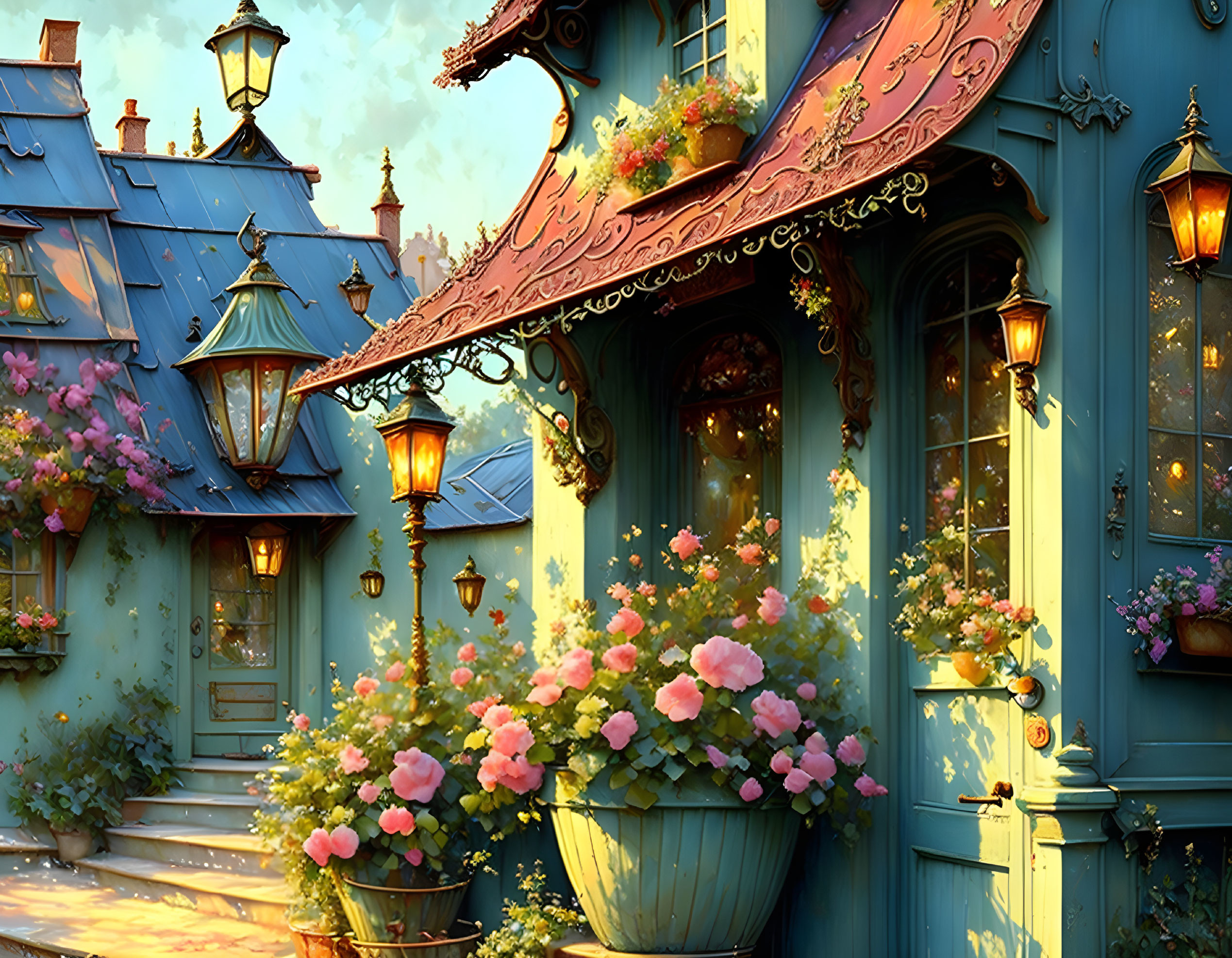 Blue House with Pink Flowers, Lanterns, and Gold Trimmings at Sunset