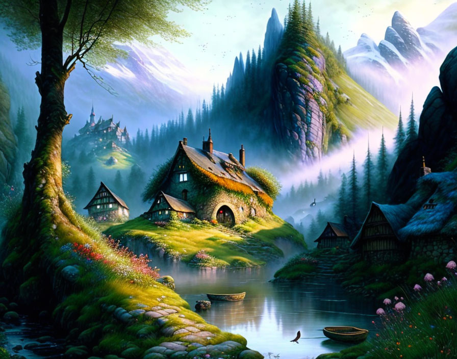 Tranquil fantasy landscape with cottage, lake, trees, mountains.