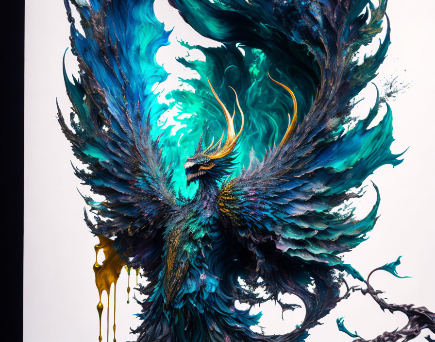 Abstract Phoenix Painting in Blue, Green, and Gold