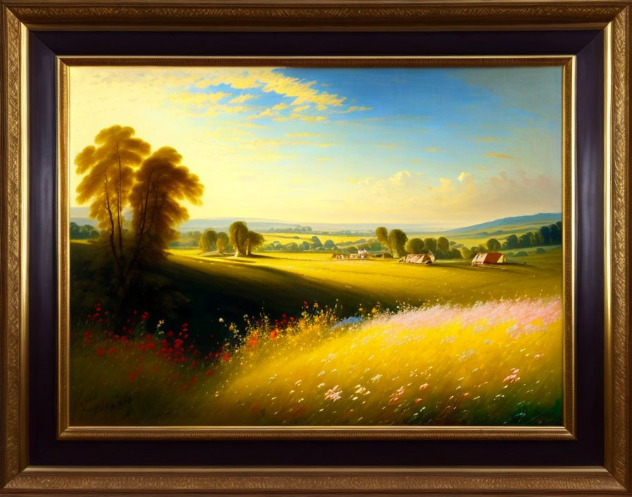 Scenic landscape painting with vibrant colors and dark wood frame