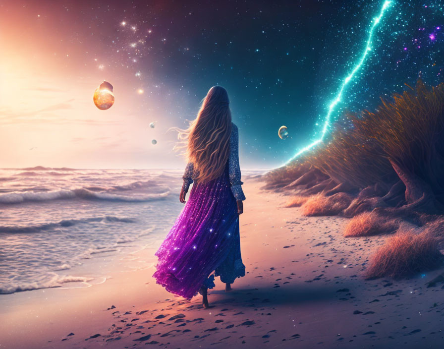 Woman in purple dress walking on beach at twilight under surreal sky with planets and colorful comet