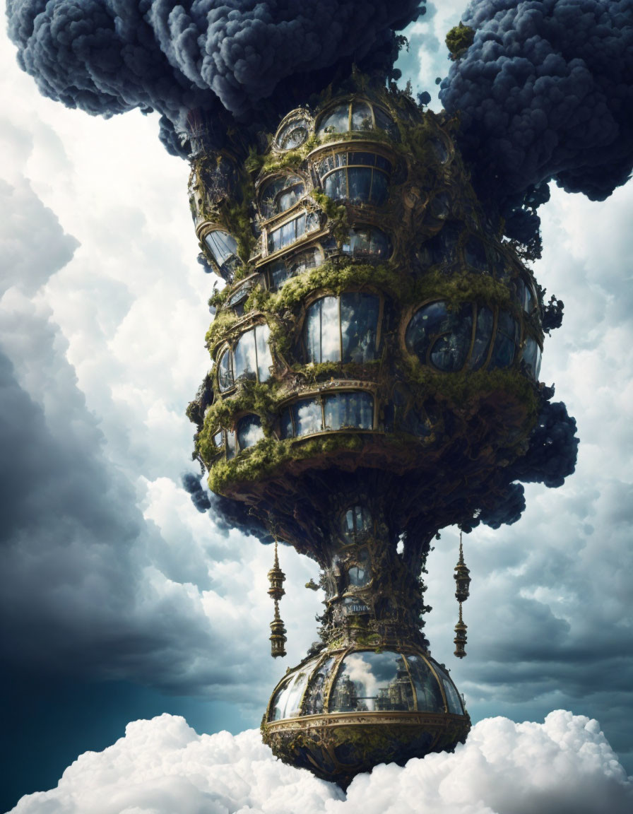 Fantastical floating island with ornate buildings and stormy sky