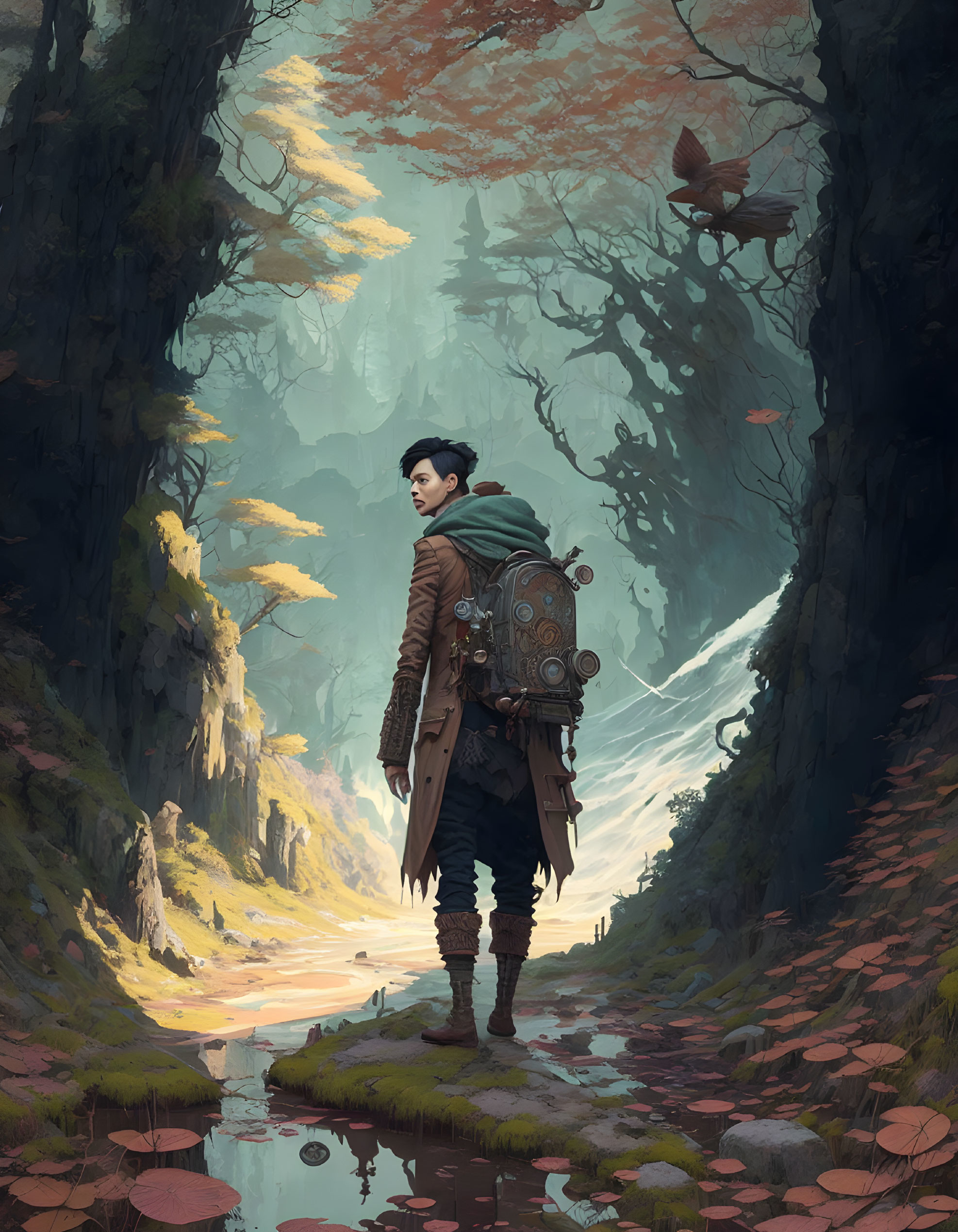 Traveler with mechanical backpack in forest with oversized mushrooms and mysterious bird