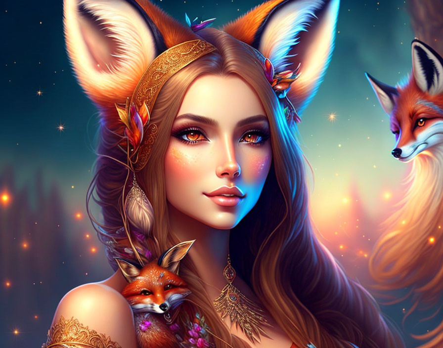 Fantastical portrait of woman with fox-like ears & golden headpiece, surrounded by foxes in