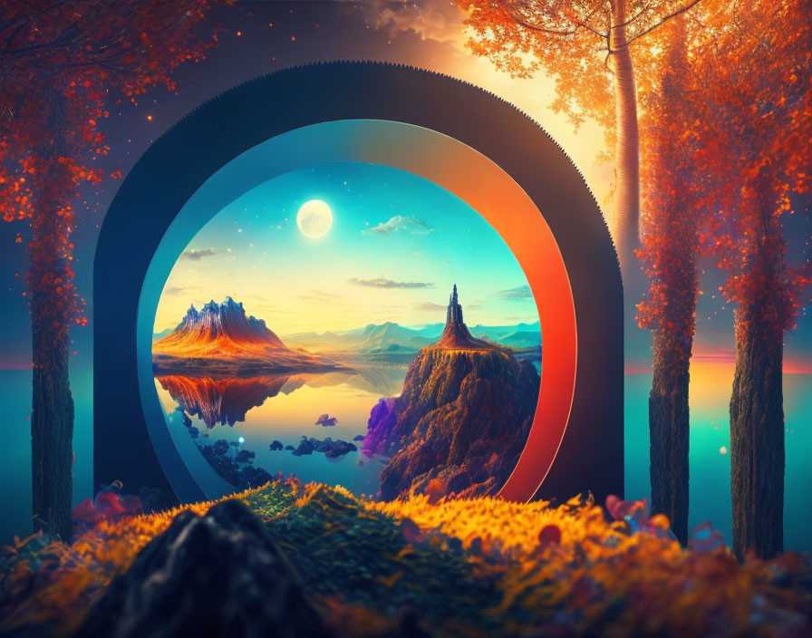 Circular Portal Frames Surreal Autumn Landscape