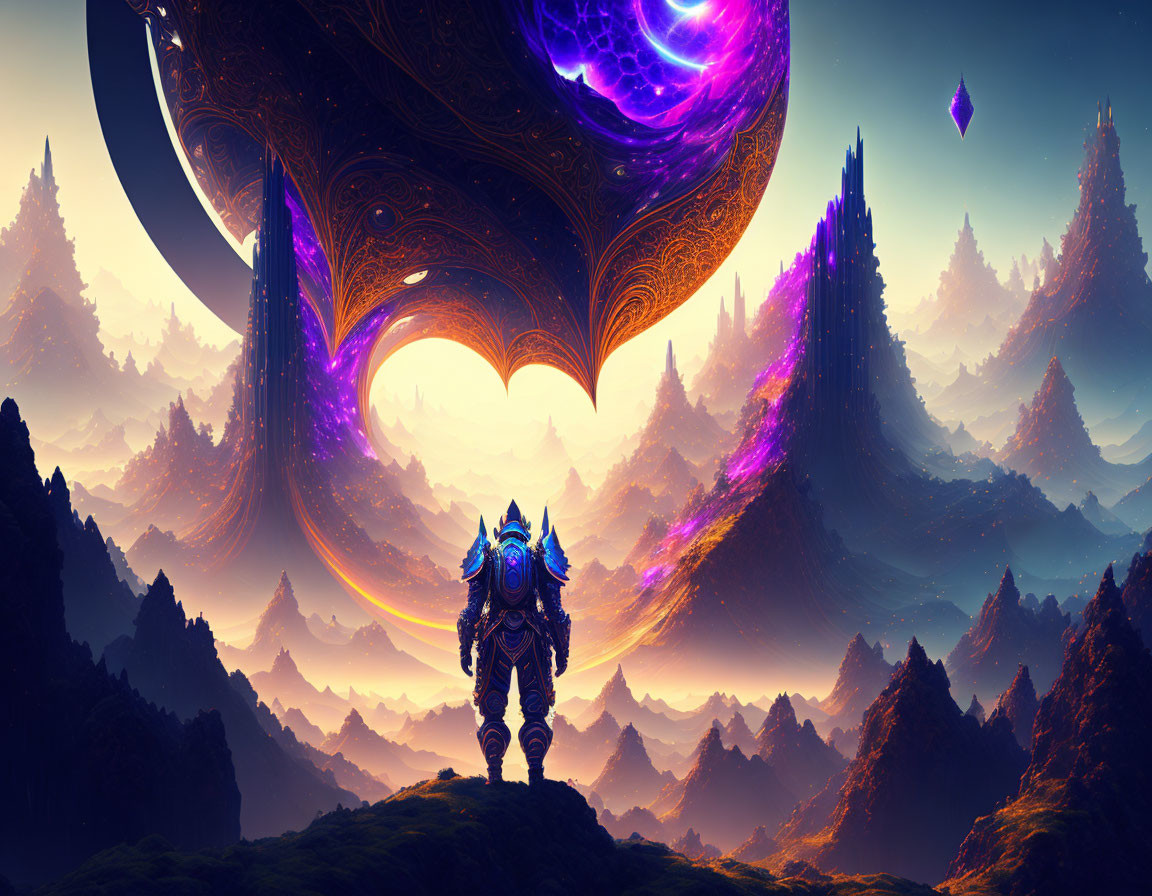 Armored figure in fantastical landscape with alien trees and cosmic structure