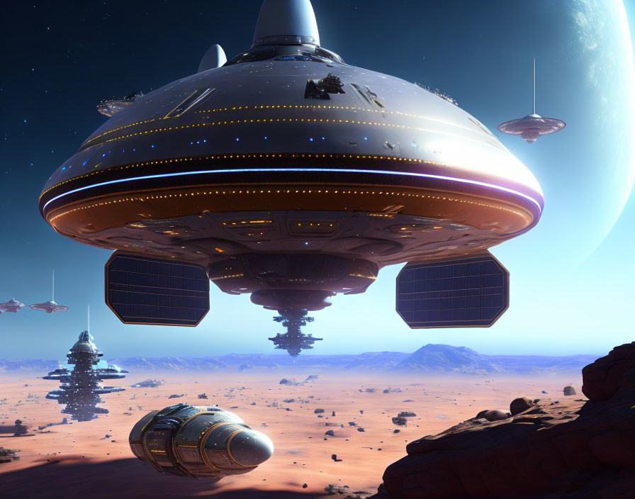 Futuristic spacecrafts above desert alien landscape with large planets.