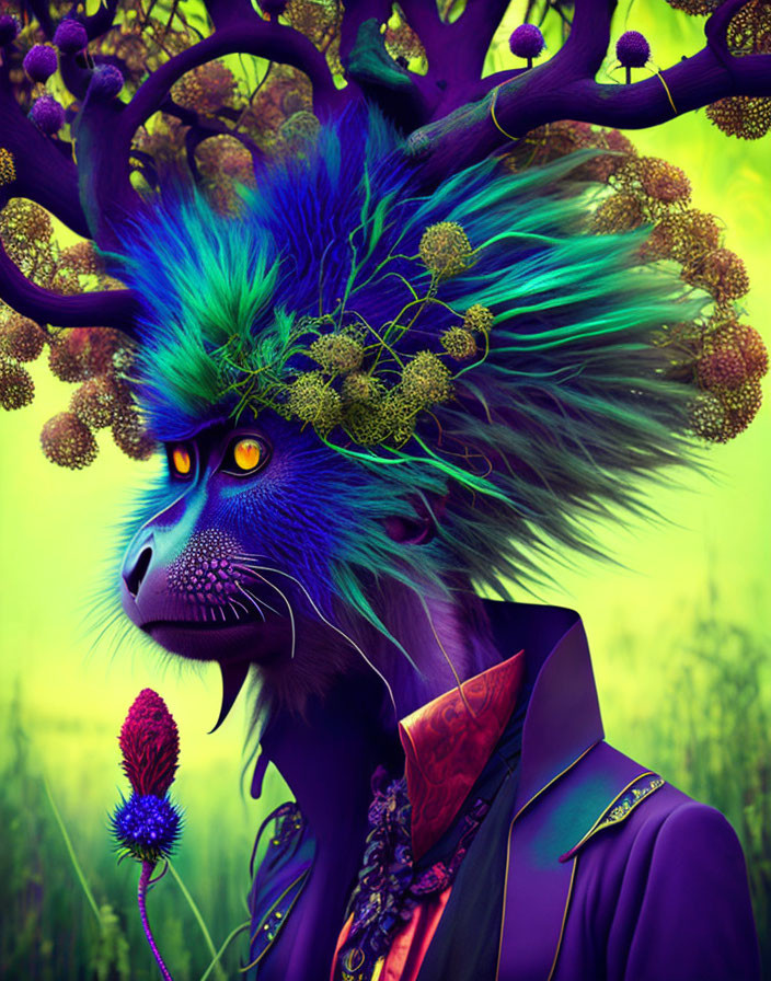 Vibrant blue fur creature with monkey-like face in purple suit