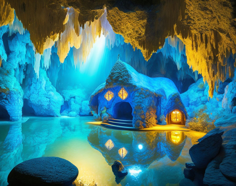 Fantastical illuminated cave with glowing lights and whimsical house structure