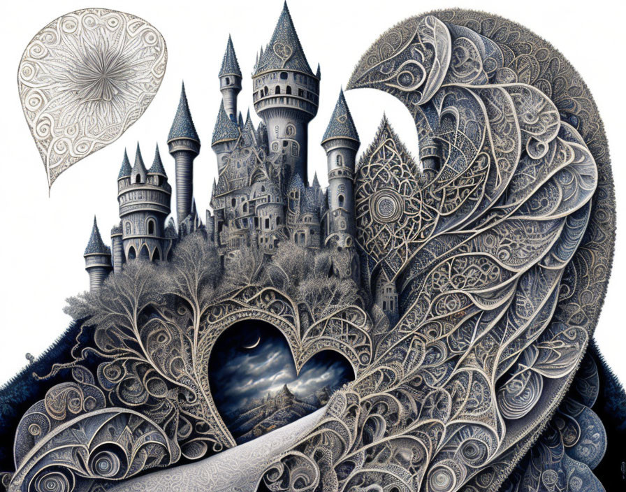 Detailed black-and-white artwork of whimsical castle on spiraling foliage with ornate patterns and cosmic element