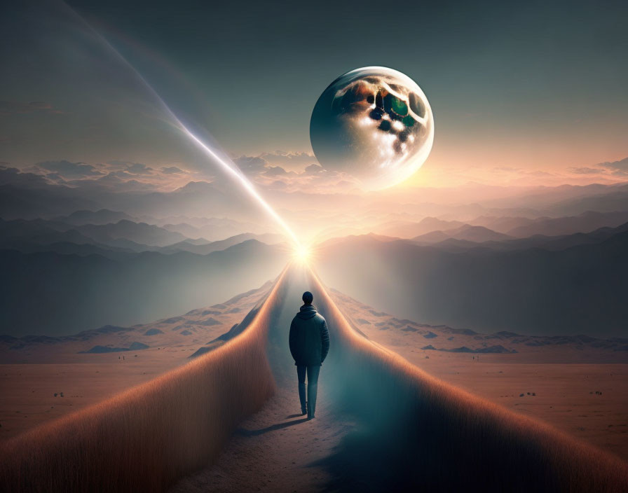 Person's silhouette on desert path with glowing orb and rising planet