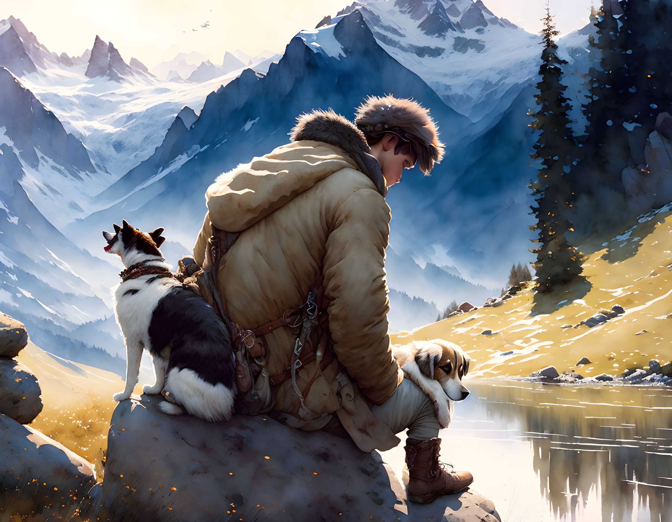 Person in warm clothing with dogs by mountain lake and snow-capped peaks