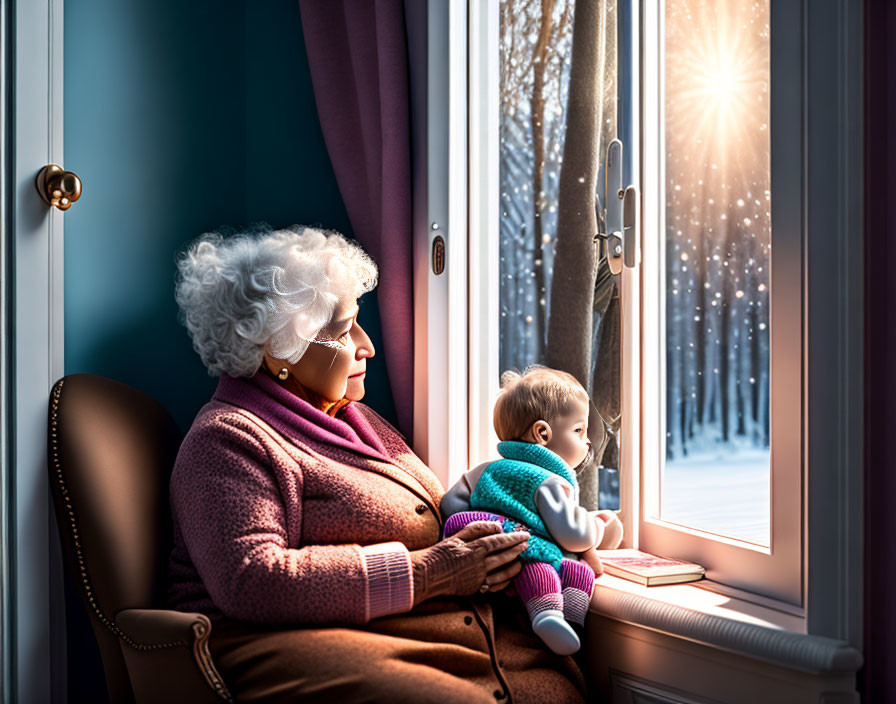 Elderly woman and baby by window in snowy landscape