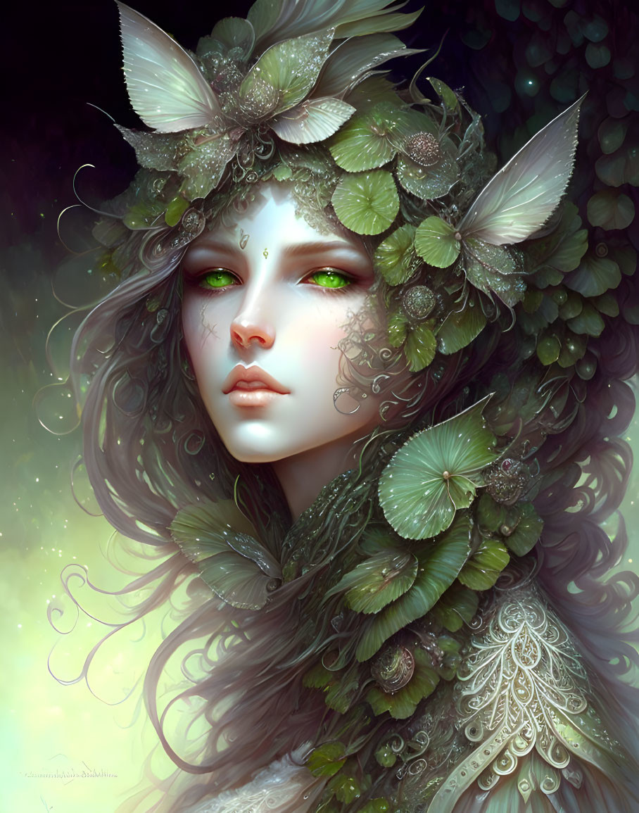 Fantasy portrait of a female with green eyes and nature-inspired adornments.