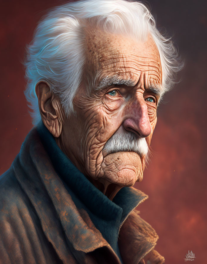 Elderly man portrait with deep wrinkles and blue eyes