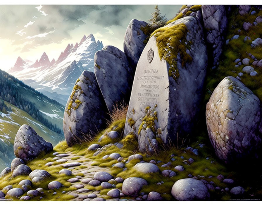 Fantasy artwork of mystical runestones in lush landscape