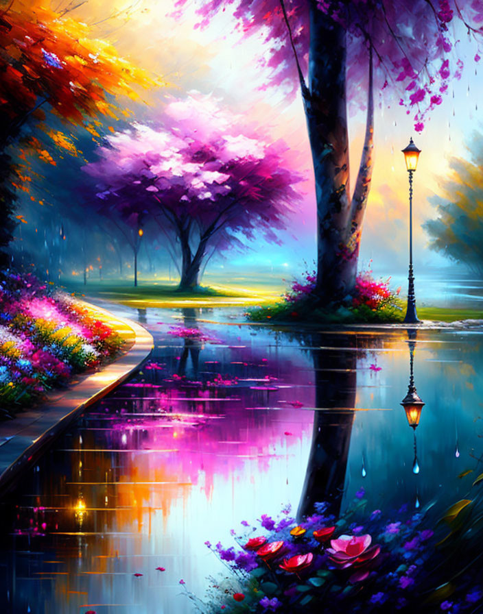 Colorful Park Scene with Trees, Lamp Post, and Water Reflections