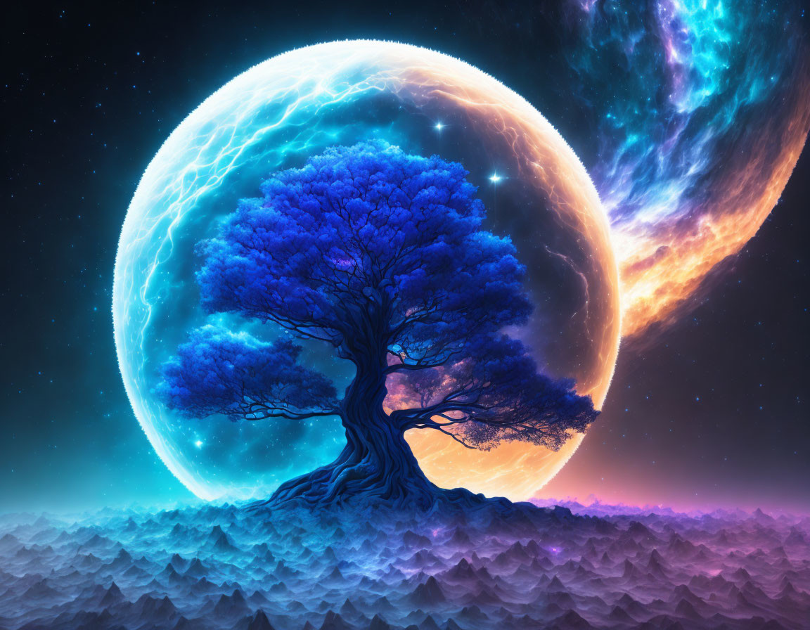 Digital artwork: Solitary tree against cosmic backdrop