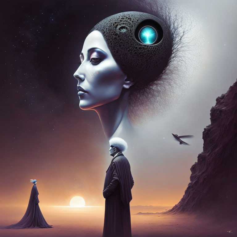 Surreal humanoid figure with circular headdress in dusk sky with second figure, rock formation, and