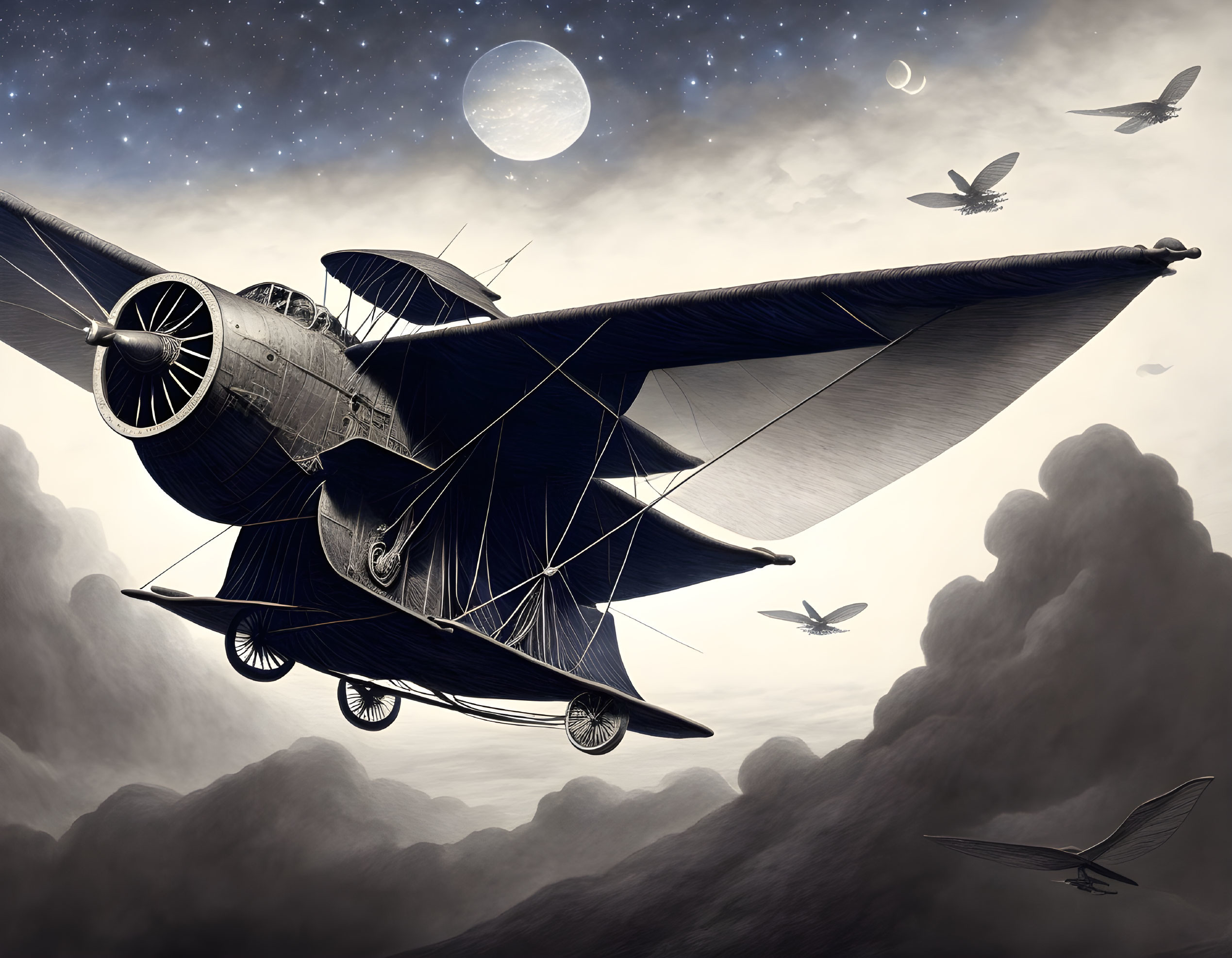 Monochromatic vintage biplane in cloudy sky with moon