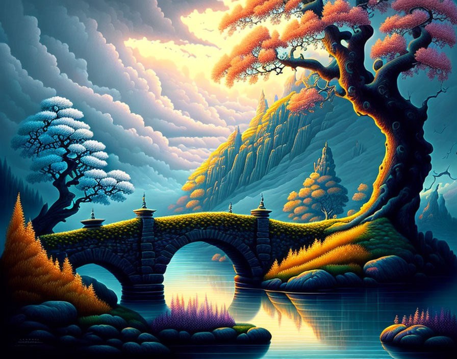 Fantasy landscape with twisted tree, stone bridge, castle, and cloudy sky