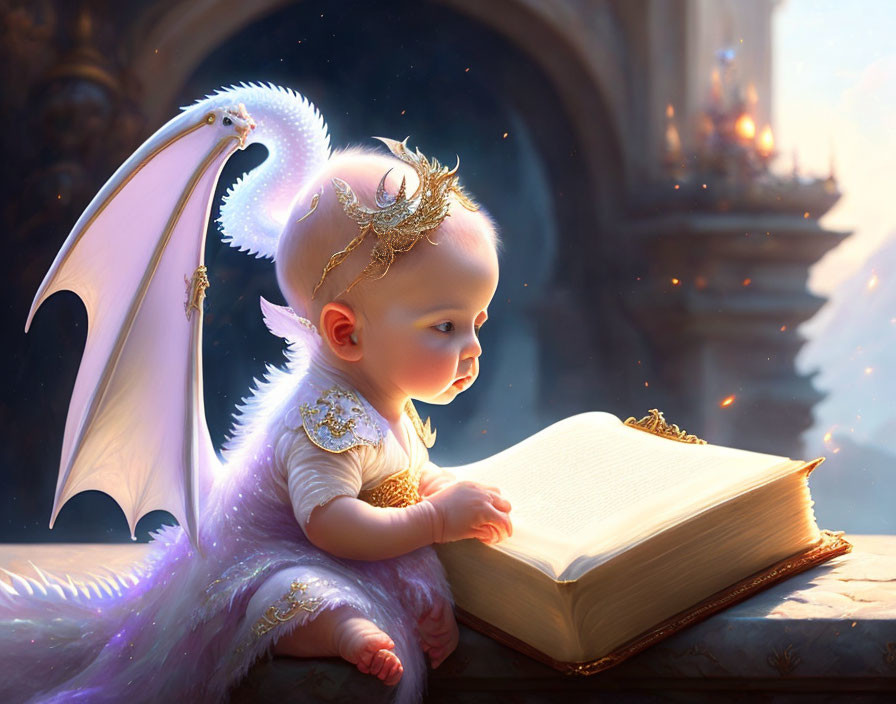 Infant with Dragon-Like Wings and Tail in Fantasy Setting Reading Book