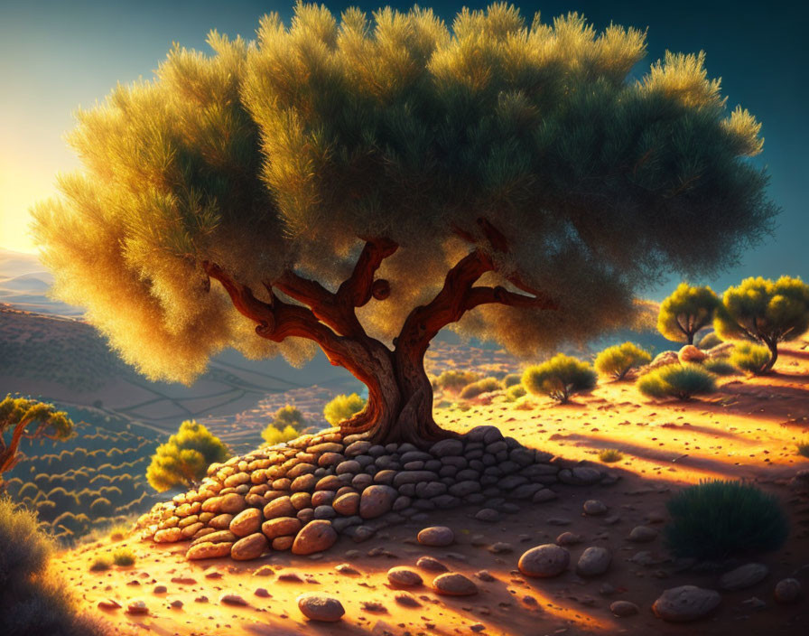 Majestic twisted trunk tree on hilltop at sunset