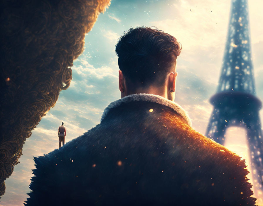 Man observing surreal scene with giant figure, Eiffel Tower, and dreamy sky.