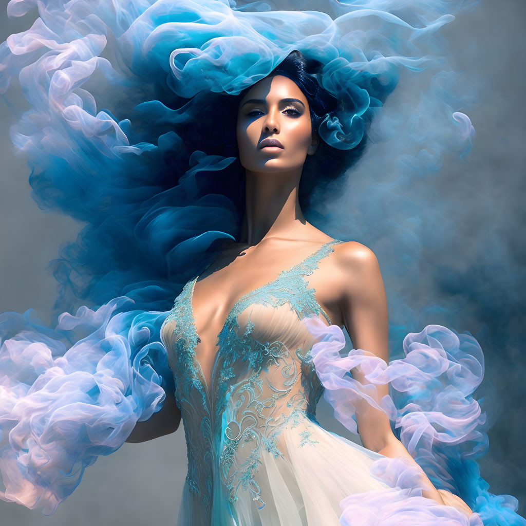 Ethereal woman in swirling blue fabric pose