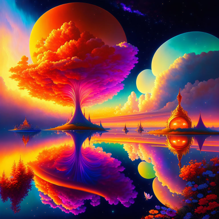 Surreal fantasy landscape with vibrant tree, planets, and colorful sky