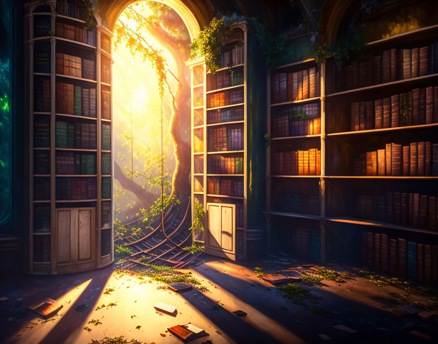 Mystical library with towering bookshelves and ivy portal