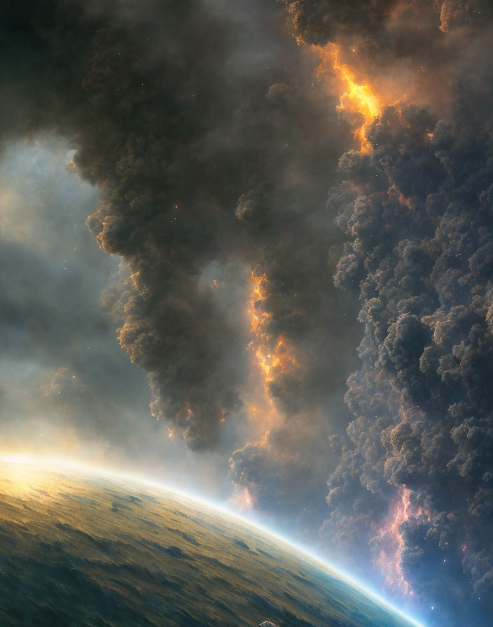 Planet's horizon under starlit sky with fiery cosmic clouds and glowing nebulae