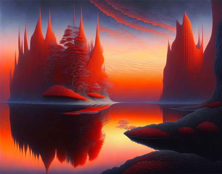 Crimson Foliage on Alien Terrain with Towering Spires