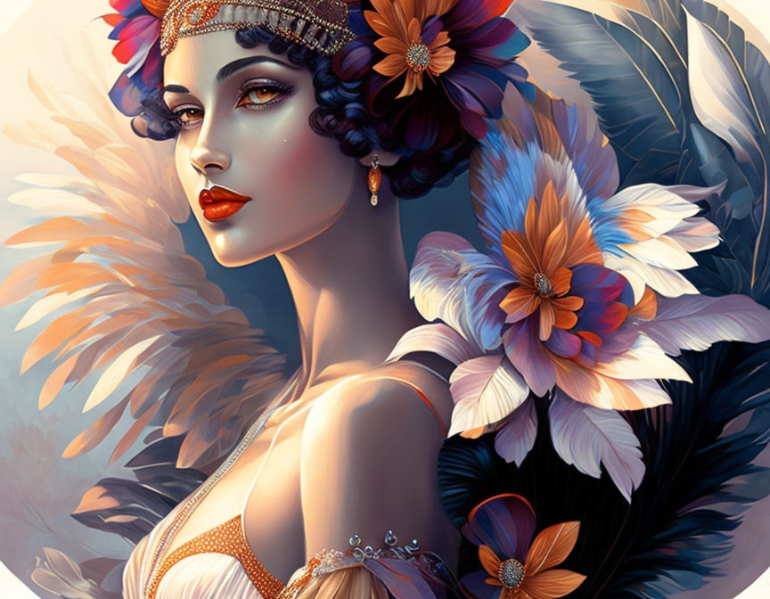 Woman adorned with vibrant flowers and feathers in mesmerizing gaze.