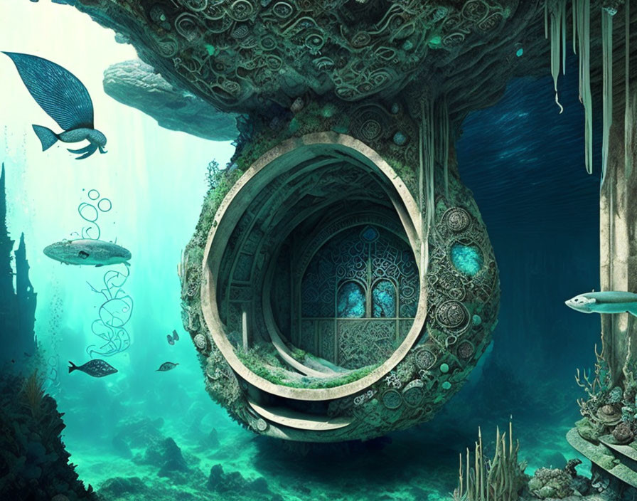 Intricate circular structure in underwater scene with fish and aquatic plants