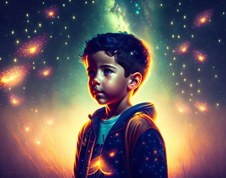 Young boy surrounded by mystical glow and stars.