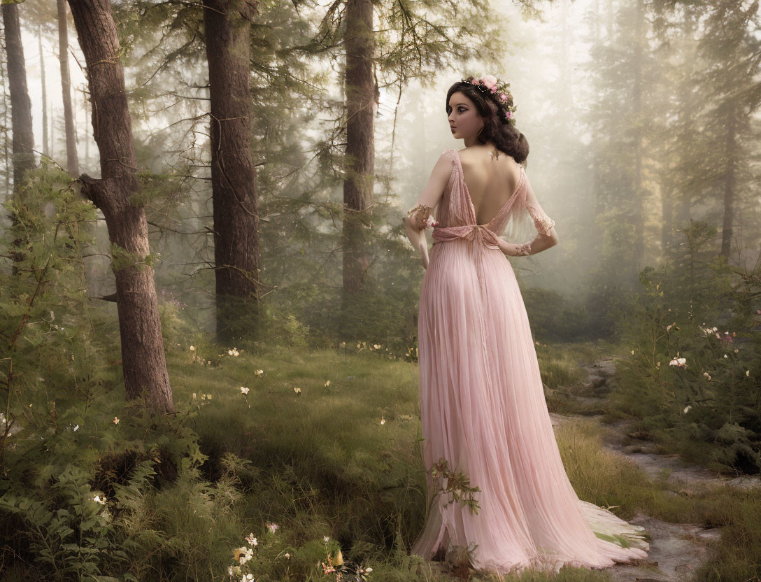 Woman in pink gown and floral crown in misty forest glade