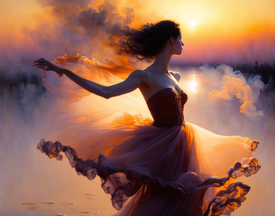 Woman in flowing orange gown dances in misty sunset silhouette