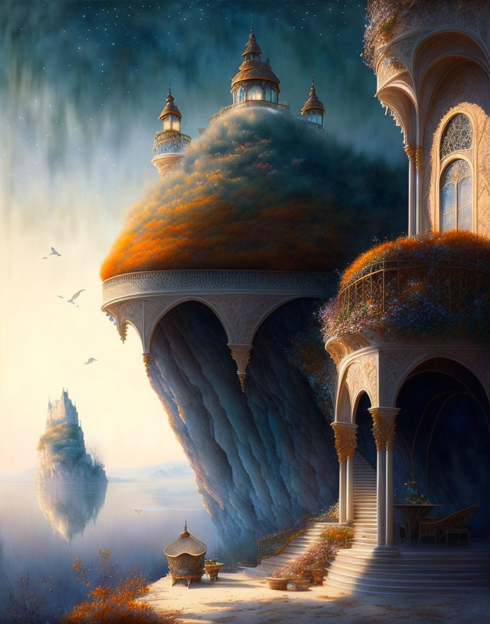 Fantastical landscape with floating island, palatial buildings, lush greenery, and starry sky