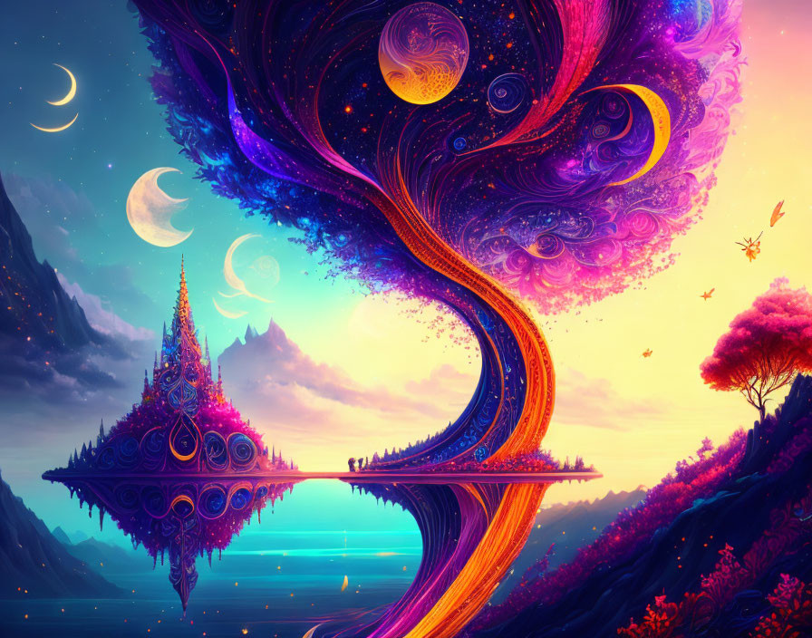 Fantastical landscape with swirling cosmic sky and floating islands