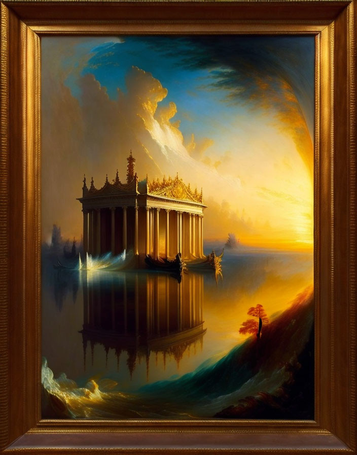 Floating temple painting at sunset with dramatic clouds and tranquil ambiance