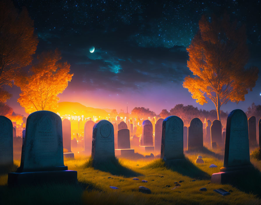 Nighttime graveyard scene with starry sky, crescent moon, and glowing tombstones