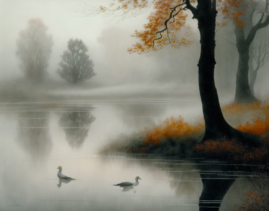 Tranquil foggy lake scene with ducks and autumn trees