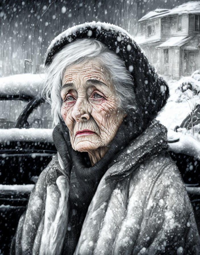 Elderly woman in coat with snowflakes, contemplating snowy village landscape