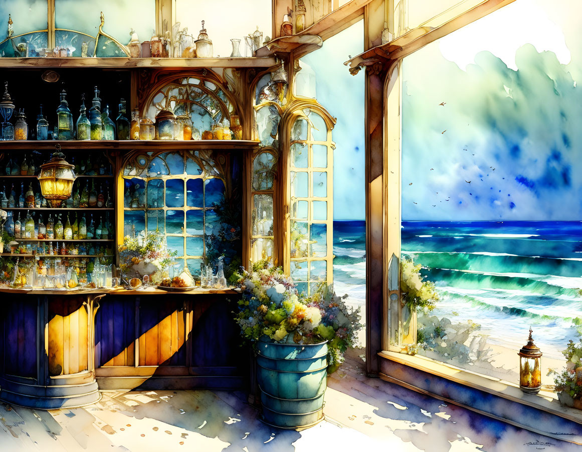 Colorful Watercolor Illustration: Seaside Bar with Ocean View